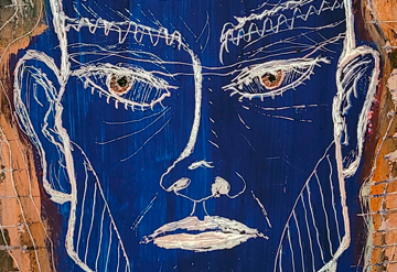 “Extranjero con cara azul” (2022). Acrílico s/ papel fotográfico. 32x37,5cm. Juan Fabre.